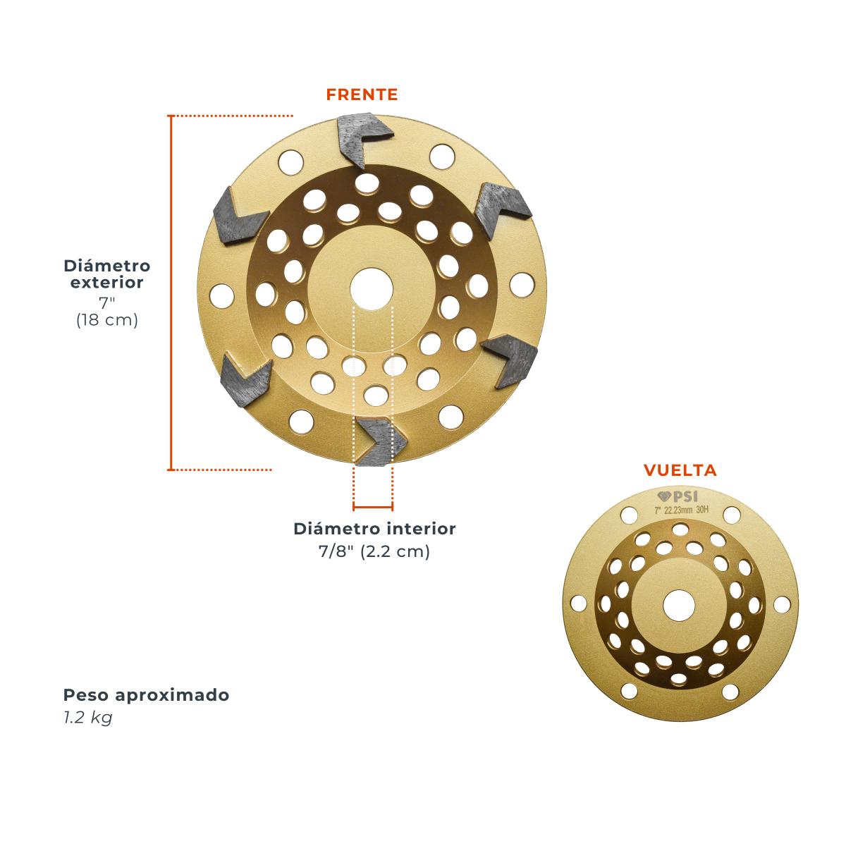 Copa Diamantada 7" PSI Concreto | Disco de Desbaste Profesional | 6 Segmentos | Eje 7/8" (Dorado)