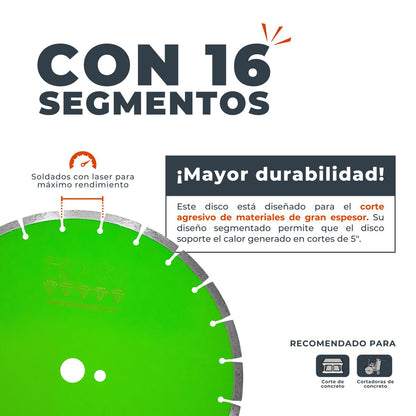 Disco Diamantado 14" para Concreto y Asfalto | 24 Segmentos de Alto Rendimiento | Soldadura Láser