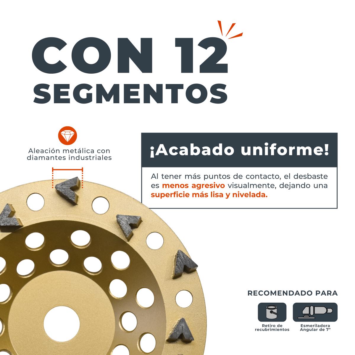 Copa Diamantada 7" Tipo Flecha PSI Concreto | Removedor de Pintura y Selladores | 12 Segmentos | Eje 7/8"