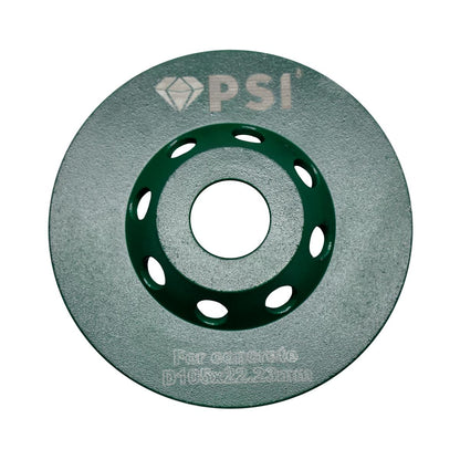 Copa Diamantada 4" PSI Concreto Tipo Flecha | Disco de Desbaste y Nivelación | 6 Segmentos | Eje 7/8" (Verde)