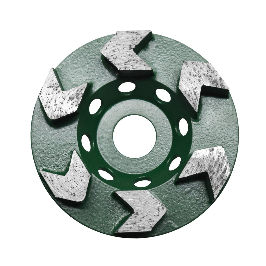 Copa Diamantada 4" PSI Concreto Tipo Flecha | Disco de Desbaste y Nivelación | 6 Segmentos | Eje 7/8" (Verde)