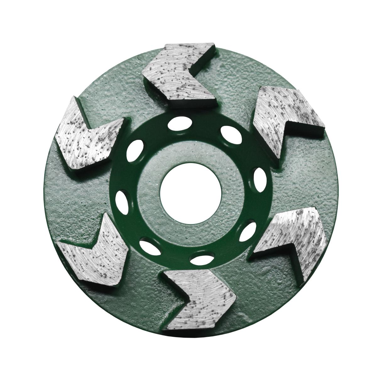 Copa Diamantada 4" PSI Concreto Tipo Flecha | Disco de Desbaste y Nivelación | 6 Segmentos | Eje 7/8" (Verde)