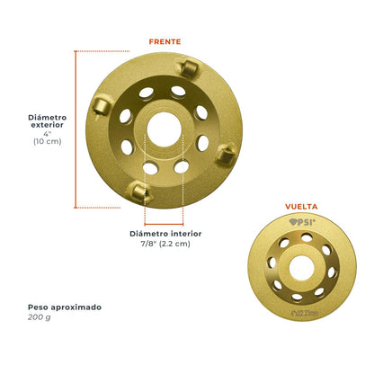 Copa Diamantada 4" PSI Concreto | Disco de Desbaste Profesional | Eje 7/8" | 4 Segmentos Grandes