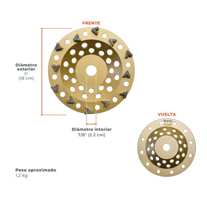 Copa Diamantada 7" Tipo Flecha PSI Concreto | Removedor de Pintura y Selladores | 12 Segmentos | Eje 7/8"